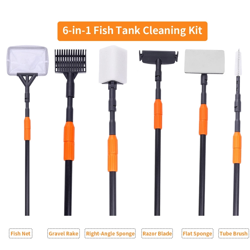 Marine Aquarium Glass Scraper - 6-in-1 Aquarium-Reinigungsset: Aquarium-Klemmset, Fischbecken-Netz, Kiesrechen, Algenentferner,